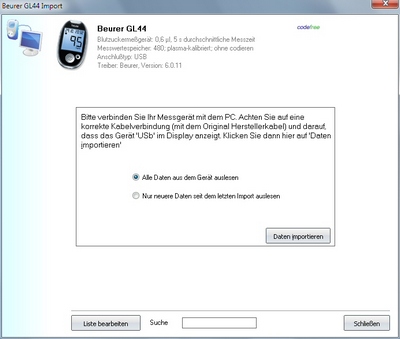 Datenübernahme vom Beurer GL44 ins Diabetes-Tagebuch