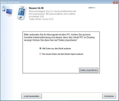 Daten&uuml;bernahme vom Beurer GL40 ins Diabetes-Tagebuch