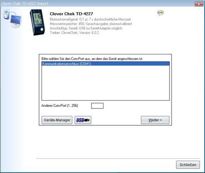 Datenübernahme vom Clever Chek TD 4227 ins Diabetes-Tagebuch