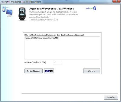 Datenübernahme vom Agamatrix Wavesense Jazz Wireless ins Diabetes-Tagebuch